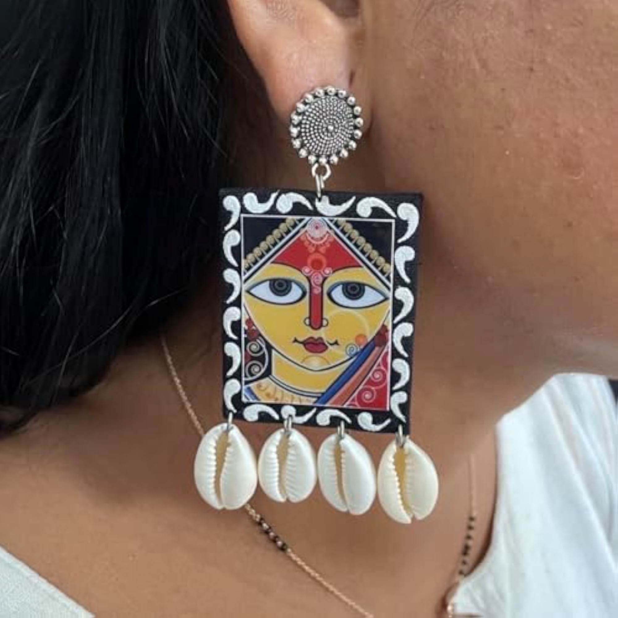 Banjara Hand Painted Maa Durga & Sea Shell Design Earrings