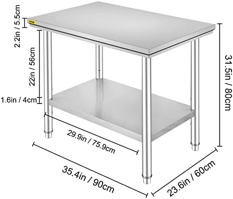 VEVOR Kitchen Catering Table 24 x 36 x 32 Inches NSF Stainless Steel Work Table for Commercial Kitchen Prep Workbench 60X90X80cm with Lower Shelf Work Table Silvery for Commercial Kitchen Restaurant