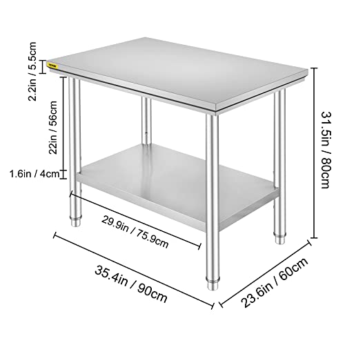 VEVOR Arbeitstisch, Küche, Edelstahl, Arbeitsplatte, Küche, 2 Etagen, Arbeitstisch aus Edelstahl, für Küche, Essen, Hotels, Büros, Krankenhäuser (60 x 90 x 80 cm)