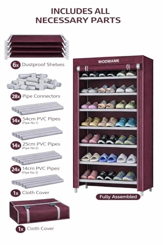 Image of 6-Tier Shoe Rack with Dust-Proof Cover, Black with Gold Trim, Multi-Pair Storage Organiser (Maroon)