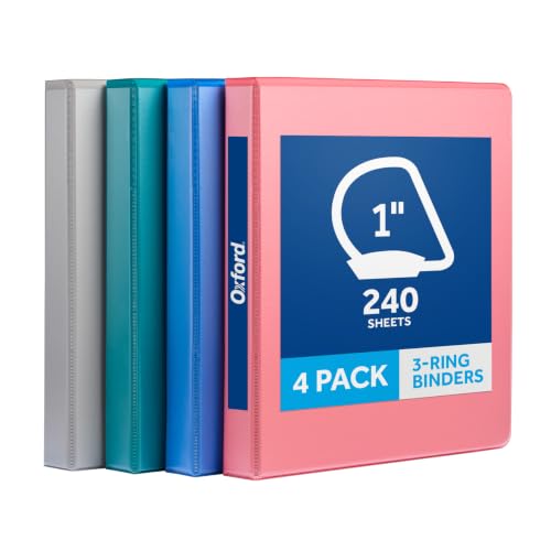 Image of Oxford 1 Inch 3 Ring Binders, 4 Pack, Assorted Colors, Holds 240 Sheets