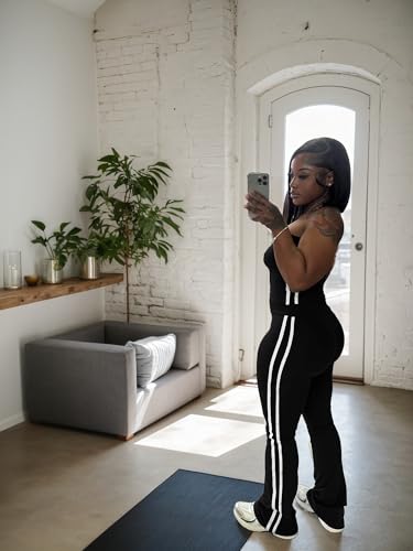 HBQ Womens 2 Piece Outfits Strapless Crop Top and Flare Pants Casual Stripe Lounge Sets Tracksuits Black M