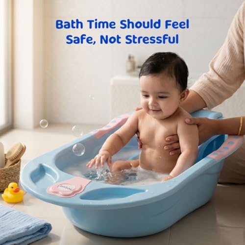 Image of BUMTUM Baby Bathtub & Anti Slip Baby Plastic Bath Chair | Bathtub with Drain Plug, Baby Bath Seat /Sling with Non Slip Suction Base for Babies, Infant & Toddlers(Blue)