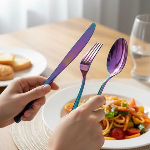 Image of 15 Pcs Rainbow Cutlery Set for Dining Table the Perfect Mirror Polish Hevy Duty Tableware Including Dinner Spoon, Dinner Fork, Dinner Knife, Dessert Spoon & Dessert Fork