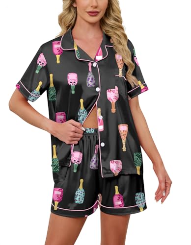 Image of Schbbbta Women Pajamas Set, 2 Pieces Satin Silk Button Down Pjs Short Sleeve Outfits Loungewear