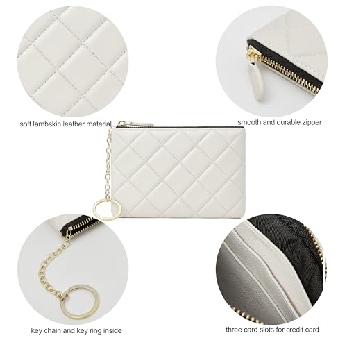 Image of DORIS&JACKY Soft Lambskin Leather Coin Purse Small Quilted RFID Blocking Top Zipper Wallet With Key Chain