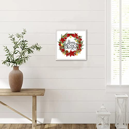 7X7In Christmas Wood Sign Merry Christmas Wreath Vintage Style Hang White Frame Wooden Plaque For Cottage Desk Garden Yard Farmhouse Porch Cafe Bar Xmas New Year Wall Decor #TOP6