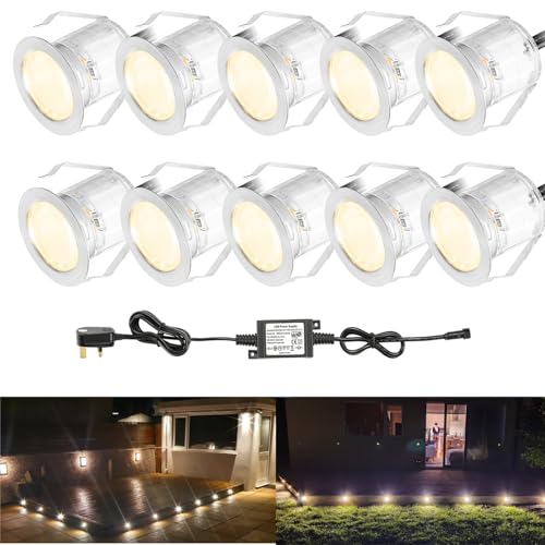 INDARUN Warm White Led Decking Lights Outdoor Waterproof IP67 Ø30MM 12V - Led Plinth Light Kits for Terrace/Patio/Path/Wall/Garden/Decoration, 10 Packs