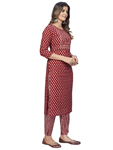 Image of Vbuyz Women's Printed & Hand Work Straight Cotton Blend Parrot Green Kurta,Pant with Dupatta | Kurta Set with Dupatta for Women | Suit Set | Ethnic Set | Printed Kurta Set | Salwar Set for Women