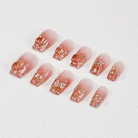 Press on Nails, Handmade Short Square Fake Nails, Easy to Replace False Nails for Wedding, Party, Birthday. Stick on Nails with Storage Box 10 Pcs (Gold Sand, M) Cover