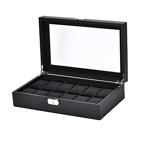 MQFORU Uhrenbox Organizer mit 12 Fächern, Kohlefaser-Leder-Uhren-Aufbewahrungsbox, Glasplatte für Schmuck und Uhren Cover