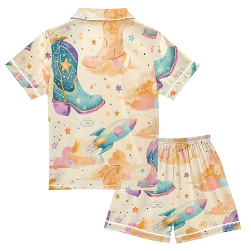 Satin Pajama Sets Short Sleeve Cowboy Boots with Stars Rockets Button Down Silky Nightwear 2 Piece PJS 5-14Y2
