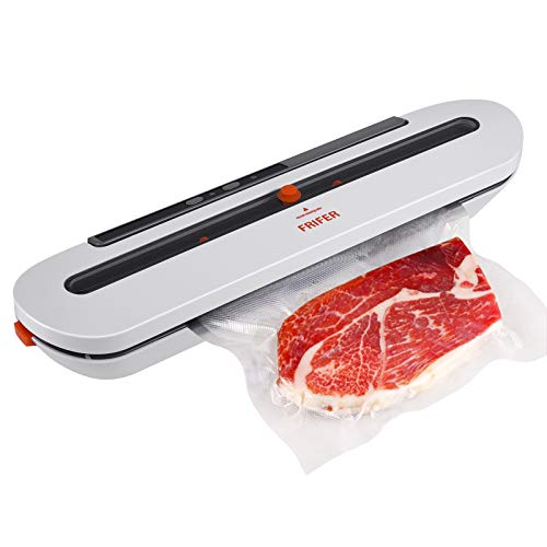 Frifer Vacuum Sealer Machine Automatic Vacuum Air Sealing System for Food Preservation w/Starter Kit Food Sealers Vacuum Machine with Built-in Cutter Sealing Machine Easy to Clean Vacuum and Seal Modes Portable Heat Sealer with Led Indicator Lights(W