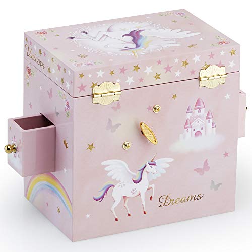 Musical Jewelry Box For Little Girls With 3 Drawers And Jewelry Set With Spinning Unicorn And Rainbow Butterfly Design - Over The Waves Tune Pink #TOP5