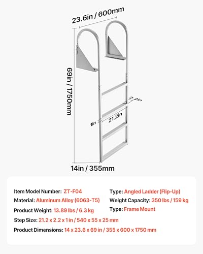 Image of VEVOR Flip-Up Dock Ladder, 4-Step, Heavy-Duty Aluminum Alloy Pontoon Boat Swim Ladder, with Non-Slip Wide Steps, 350 lbs Weight Capacity, Pull Rope Assist, for Lake Swimming, Pool, Marine Boarding