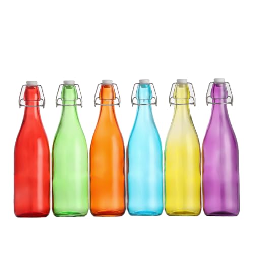 simpa Vintage Style Mix Colour Glass Bottles with Swing Top Lids. Round 750ml Bottles - Set of 6