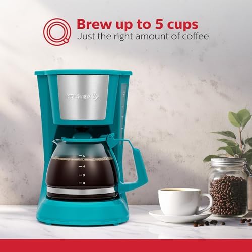 Holstein Housewares 5 Cup Drip Coffee Maker β Compact and User-Friendly with Auto Pause & Serve, Reusable Filter, Measuring Spoon & Glass Carafe, Office & Dorm Use, Teal - 1