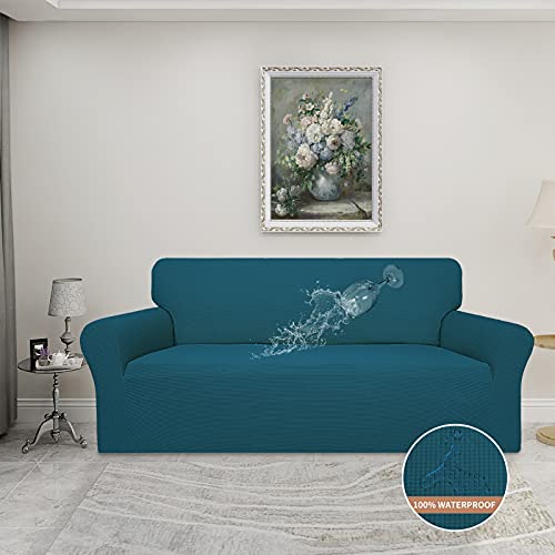 Image of Easy-Going 100% Waterproof Couch Cover, 3 Cushion Oversized Sofa Cover | Leakproof Sofa Slipcover, Stretch Jacquard Furniture Protector Against Stain Spill from Kids, Pets, Dog, Peacock Blue