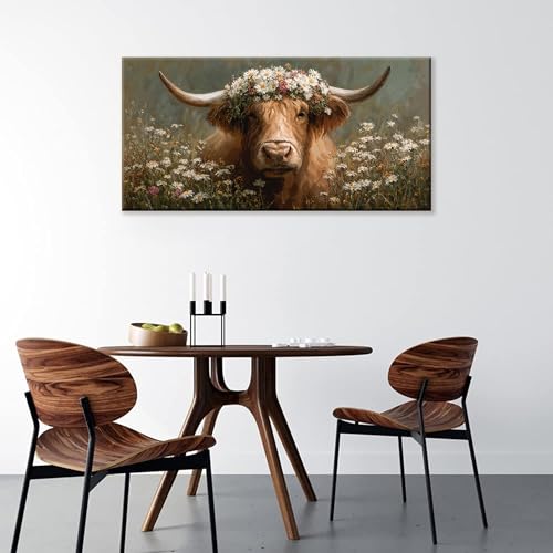 YISXINOAG Highland Cow Floral Animal Wall Art Modern Landscape 24"X48" by YISXINOAG - Used condition - Image 6