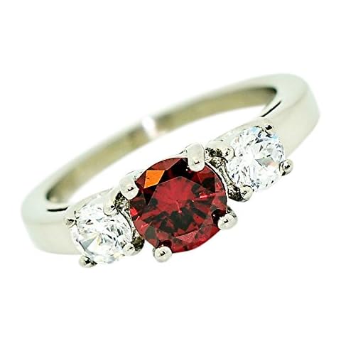 Birthstone Ring~January~Stainless Steel~3 Stone~Cubic Zirconia CZ~Garnet~Red Crystal~Mother's Ring~Fashion Ring~Women's Jewelry (7) Cover