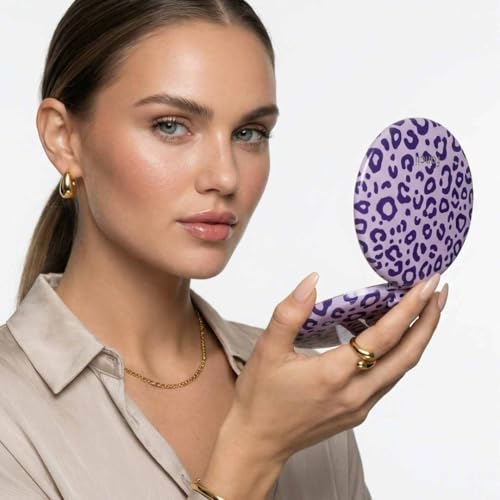 Image of Fancii Taylor LED Lighted Travel Makeup Mirror, Rechargeable, 10x /1x Magnifying, Tru-Glow Lighting System, XL Large 5 inch Wide | Compact Mirror for Purses (Cheetah Crush)