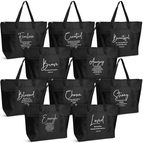 Paterr 10 Pcs Easter Christian Tote Bags Bulk with Pocket Zipper for Women Bible Church Mothers Day Gifts(Black,Encouraged)