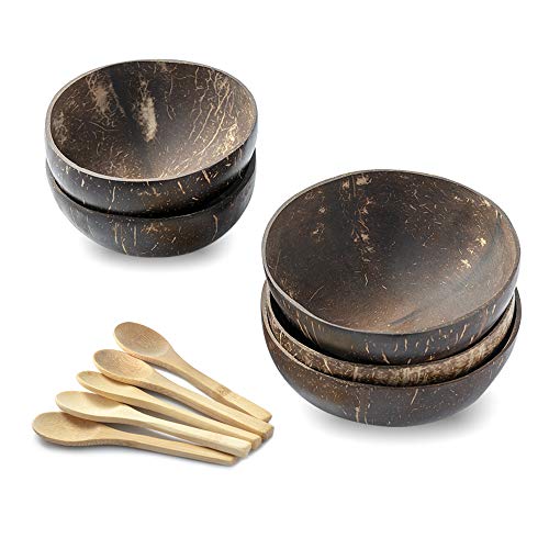 Coconut Bowls and Coconut Spoons Set (Set of 5 Bowls + 5 Spoons) Polished With Coconut Oil - 100% Natural - Vegan - Eco Friendly -- Organic- Hand Made Made from Reclaimed Coconut Shells,Reusable Bowl