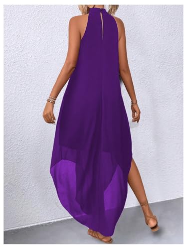 Image of Verdusa Women's Wedding Guest Dress Halter Flowy Chiffon Long Dresses | Cocktail Dress, Asymmetrical Dress for Women, Sleeveless, Prom Dress, Cruise Outfits, Boho