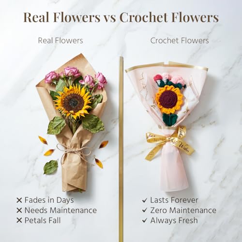Image of HindCraft Handmade Crochet Flower Bouquet | Sunflower & Pink Rose Knitted Bouquet | Artificial Forever Flowers Gift for Birthday Anniversary Valentine Room Decor