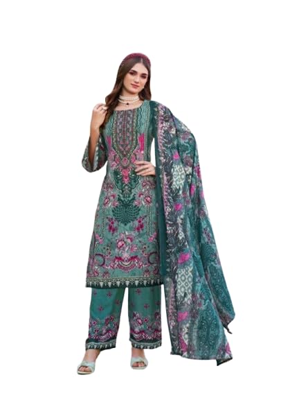 Unstitched Printed Soft Cotton Pakistani Suit Set, Teal, Floral Embroidery on Neck, Top 2.5m, Bottom 2.2m, Dupatta 2.3m-image-11