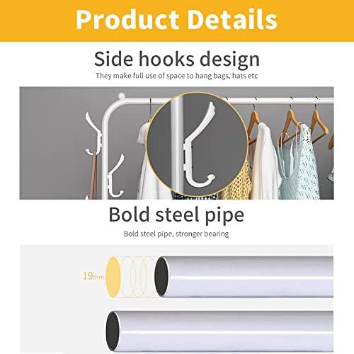 UDEAR Garment Rack Free-standing Clothes Rack With Top Rod,Lower Storage and 6 Hooks,White