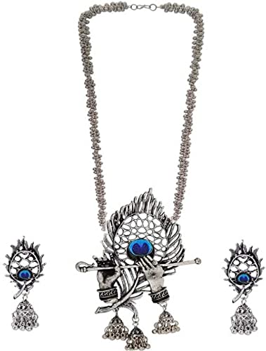 AIRFLY Oxidized silver Designer Jewellery (stone work) Krishna Flute Necklace Set for Women / Girls