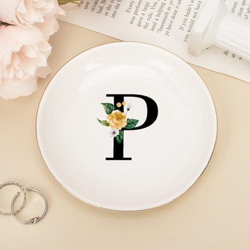 UanMere Bandeja de cerámica blanca personalizada con letras para joyas, pulseras de reloj, joyería, decoración dorada, iniciales redondas, plato de joyería, regalo de cumpleaños, compromiso, para