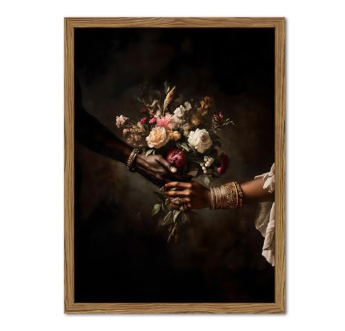 Framed Black Love Floral Wall Art African American Couple Canvas Wall Decor Prints Dark Romantic Holding Flowers Paintings Pictures Moody Home Decor Aesthetic for Living Room Bedroom 12x16 inch