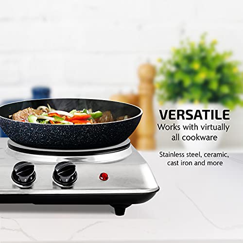 Ovente Electric Countertop Double Burner, 1700W Cooktop With 7.25 And 6.10 Inch Cast Iron Hot Plates,Temperature Control, Portable Cooking Stove And Easy To Clean Stainless Steel Base, Silver Bgs102S #TOP3