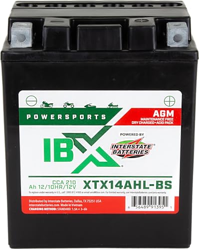 Interstate Batteries YTX14AHL-BS 12V 12Ah Powersports Battery 210CCA AGM Rechargeable Replacement Battery for Motorcycles, Snowmobiles, Jet Skis, Scooters, ATVs (XTX14AHL-BS)
