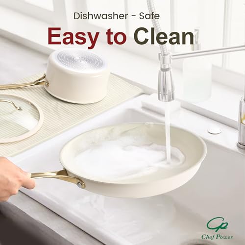 Chef Power Ceramic Frying Pan with Stainless Steel handle 5Pcs Set, Non Stick Grill Pan Set, Dishwasher and Oven Safe, Cream White and Light Gold Handle
