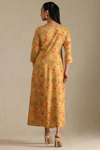 Image of Soch Womens Mustard Cotton Flex Floral Print Dress with Sequins