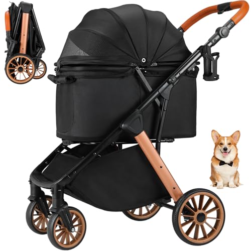MAMIZO Foldable Dog Stroller for Medium Dogs Cats Up to 55 Lbs, Adjustable Height Handle, Pet Stroller with Aluminum and Carbon Steel Frame, Sun Shades, Storage Basket & Shock Absorbers, All-Terrain
