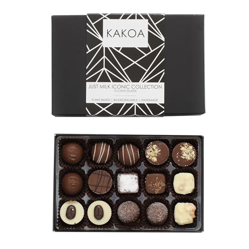 Kakoa Vegan Chocolate Selection Box - 15 Milk Chocs | Brownie, Coffee, Caramel, Liqueur etc | Plant Based Luxury Chocolates For Special Occasions | Gifts for Vegans, Vegetarian, Dairy Free Diets