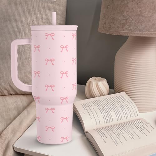 Image of SANDJEST Gift for Women Girls - Coquette Bow Stainless Steel Tumbler with Handle, Travel Coffee Mug - Gifts for Birthday Christmas, 40oz