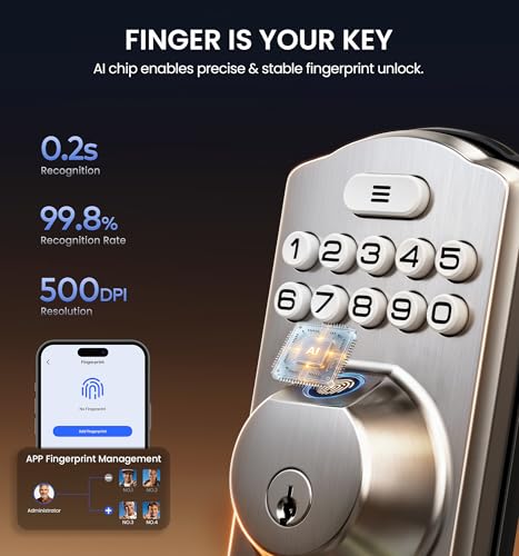 Veise VE012W-H WiFi Smart Front Door Lock Set, Built-in WiFi, App Remote & Voice Control, Fingerprint Keyless Entry Smart deadbolt with Handle, Backlit Keypad, Auto Lock, IP55 Waterproof, Satin Nickel — view 3