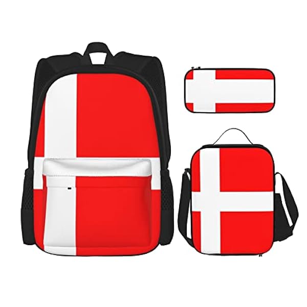 TEMKIN Denemarken Deense Vlag Gedrukt Laptop Rugzak Voor Vrouwen Mannen Met Bento Lunch Tas Potlood Pouch Box 3 stks Rugzakken Sets, Zwart, Eén maat