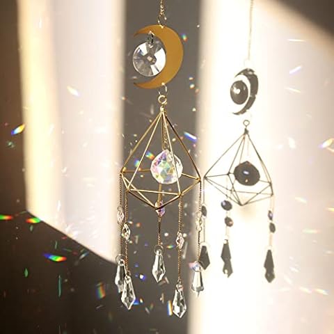Crystal Suncatcher Wind Chime, Crystals Moon Wind Chimes Rainbow Hoop Pendant, Sun Hoop Rainbow Crystal Pendant for Garden Decoration Window Room Lamp Cover