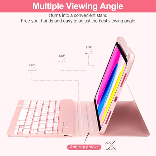 Image of COO 7 Color Backlit Keyboard Case for iPad 11th A16 /10th Gen | 7-Color Backlit Detachable Bluetooth Keyboard, Pencil Holder, Auto Wake /Sleep, 3 Angles, PU TPU Cover, Pink