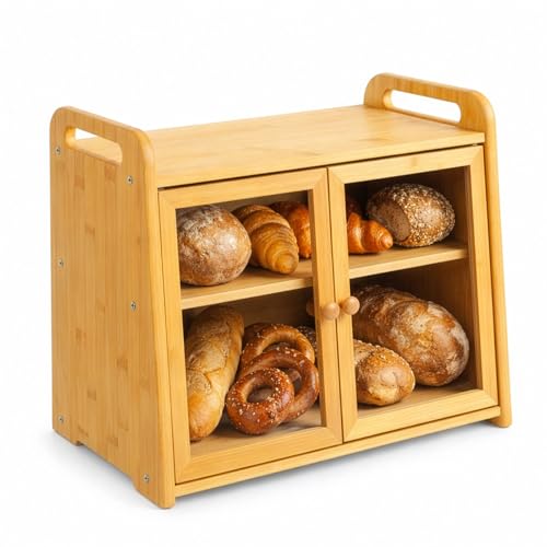 Evergoods Large Bamboo Bread Bin with Transparent Acrylic Doors for Optimal Storage