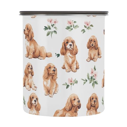 Wudan Cartoon Cute Cocker Spaniel Dogs White Coffee Storage Containers Stainless Steel Jar Cereal Container 1 Button Opening Canister Airtight 900ML