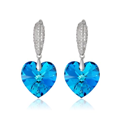 XUPING Cœur de l'océan Boucles d'oreilles Pendantes pour Femme Argent Pendent Cœur Cristal Bleu Zirconium Hypoallergénique Strass Bijoux Tendance avec Ecrin Cadeau