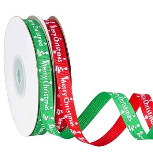 Merry Christmas Ribbon 3/8 Inch 25 Yards/Roll x 2 Rolls Trees and Snowflakes Prints Grosgrain Ribbons for Gift Wrapping Bows Holiay Party Decorations.red + Green