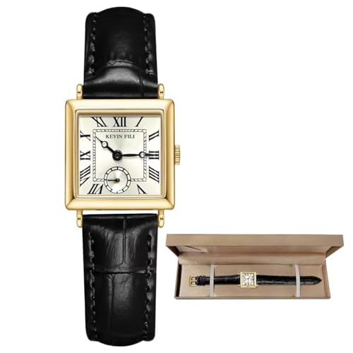 FFKJDM Women's top Layer Cowhide Strap Watch Exquisite and Elegant Women Classic Retro Square Women's Quartz Watch Gift for her (glod, Black) -  fxbp001
